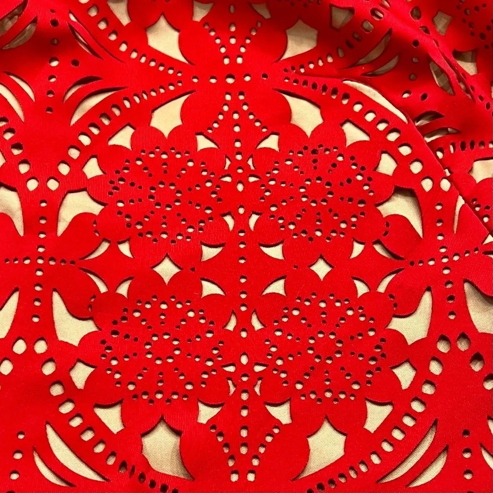 Tadashi Shoji Red Laser Cut Suede Sheath Knee Length Dress Size medium - Picture 13 of 16